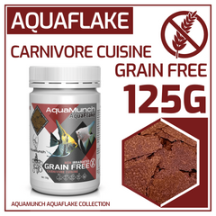 Aquaflake Carnivore Cuisine grain-free fish food packaging with a close-up of the product.