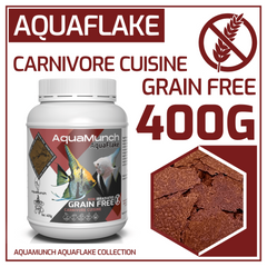 AquaMunch AquaFlake Carnivore Cuisine grain-free fish food packaging with text and product image.