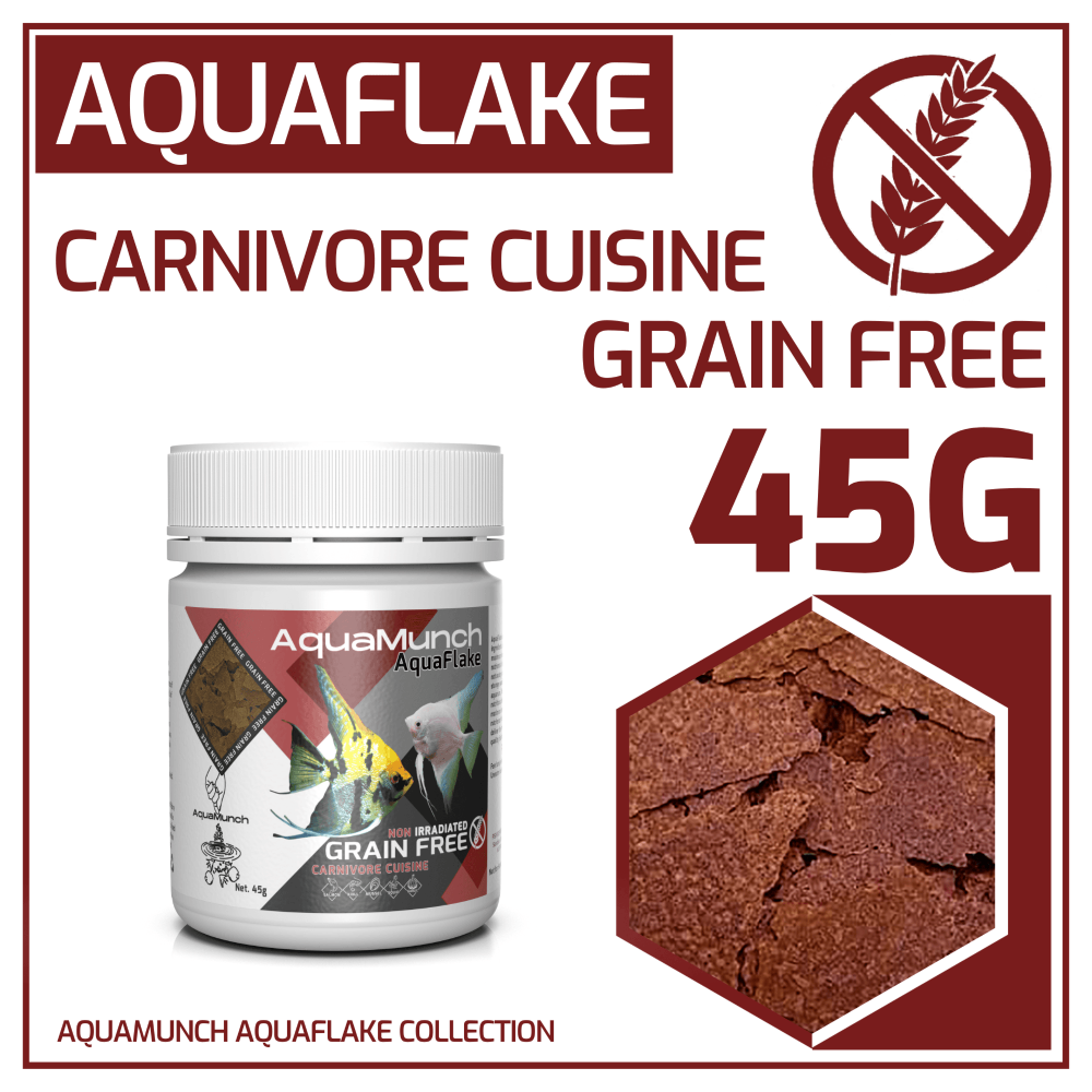 AquaMunch AquaFlake Carnivore Cuisine grain-free product packaging with text and image of the product.