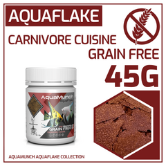 AquaMunch AquaFlake Carnivore Cuisine grain-free product packaging with text and image of the product.
