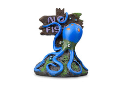 Aquarworld Octopus No Fishing aquarium ornament – fun hand-painted blue octopus with wooden no fishing sign fish tank decoration