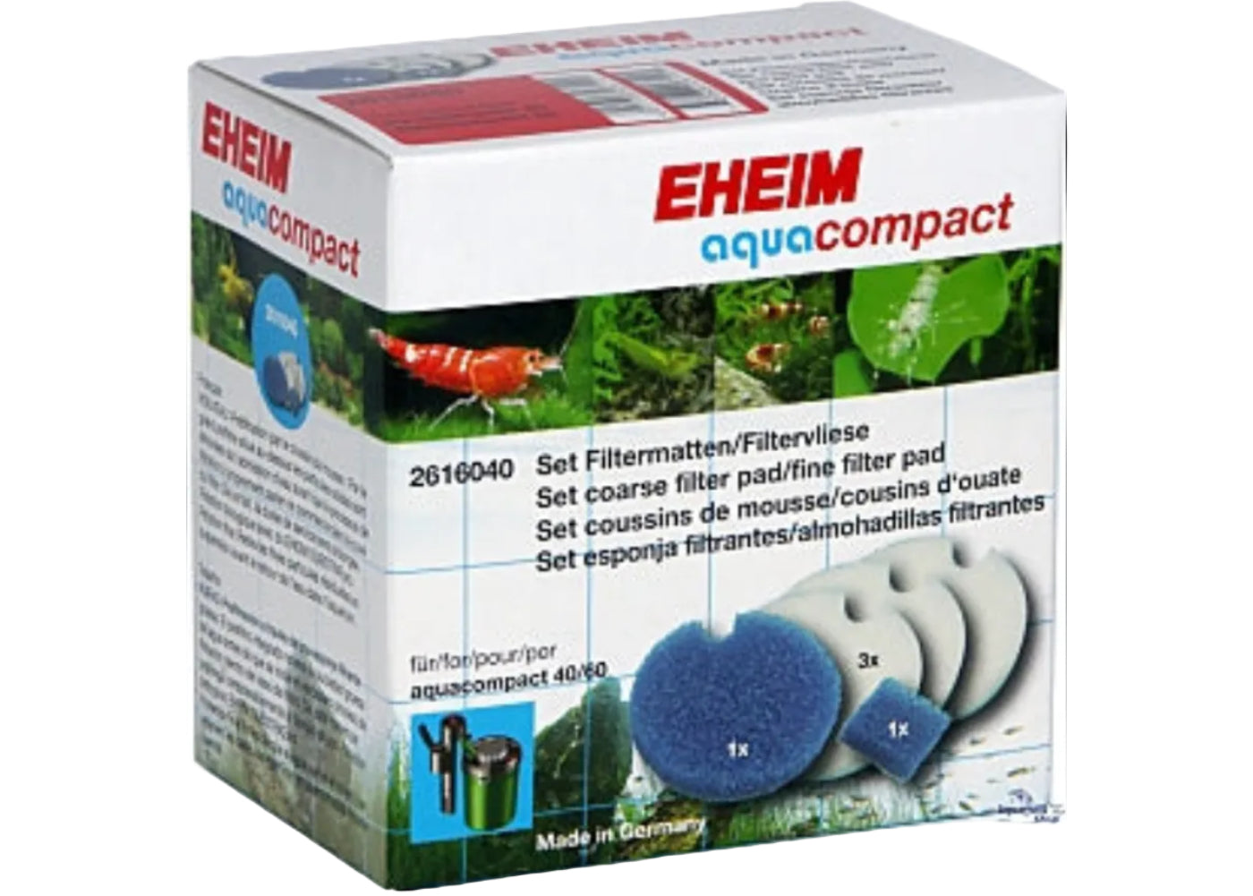 Eheim filter pads installed inside an Aquacompact aquarium filter