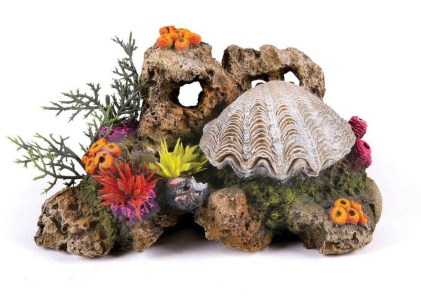Kazoo Action Clam with Coral and Plants aquarium ornament 18914 – air-operated hand-painted clam reef decoration with soft silicone plants for fish tanks