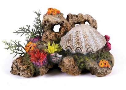 Kazoo Action Clam with Coral and Plants aquarium ornament 18914 – air-operated hand-painted clam reef decoration with soft silicone plants for fish tanks