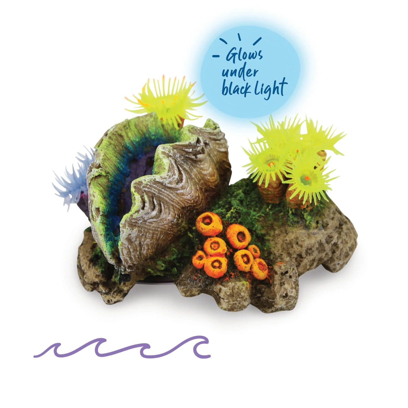 Kazoo Closed Clam with Soft Coral and Plants aquarium ornament – small hand-painted clam and rock with yellow silicone soft coral that glows under black light