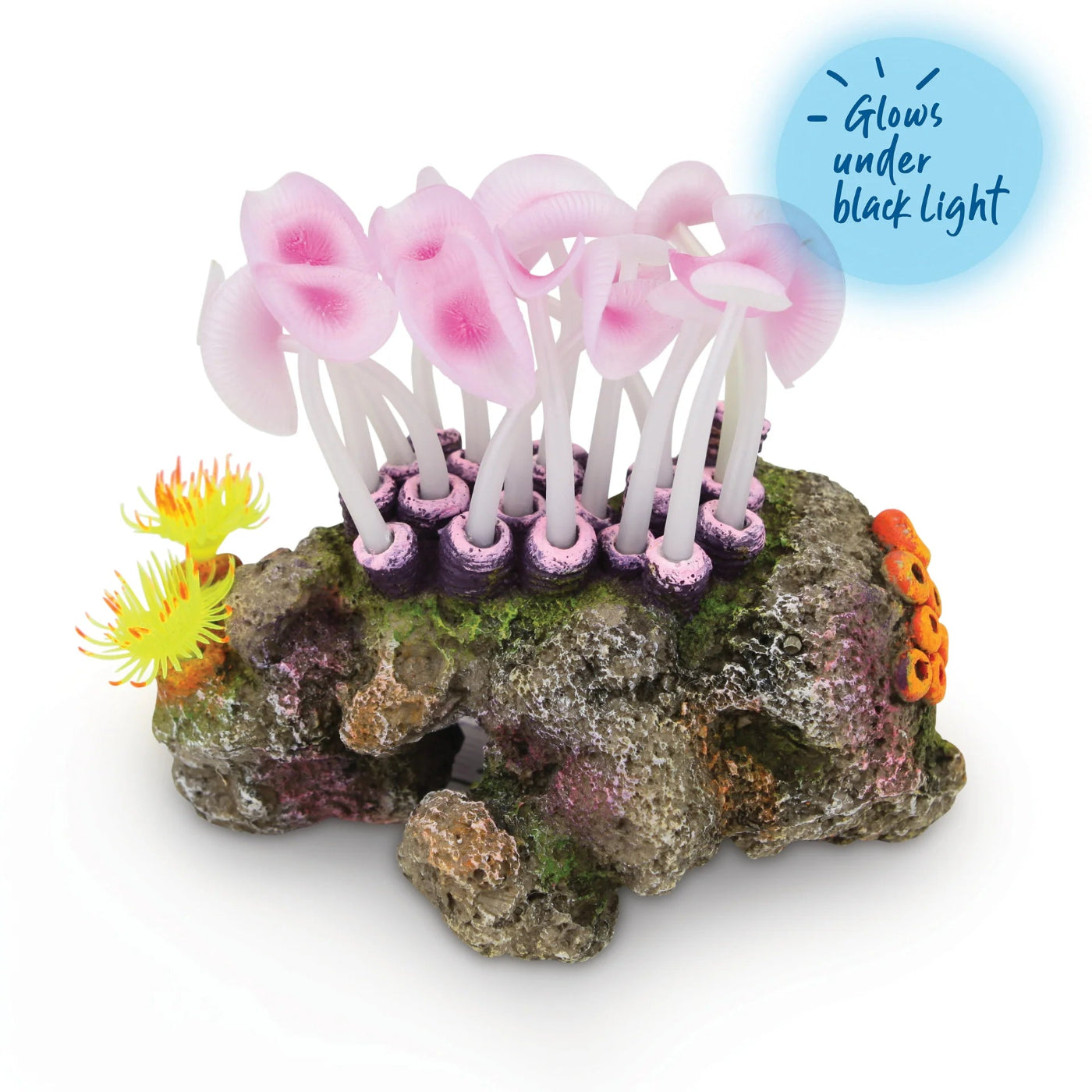 Kazoo Mushroom Coral on Rock aquarium ornament – hand-painted rock with soft pink silicone mushroom coral that glows under black light