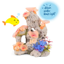 Kazoo Porous Coral Formation with Plants aquarium ornament – hand-painted porous rock with peach coral and blue plants that glows under black light