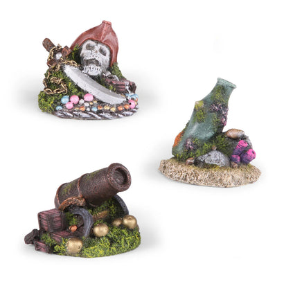 Kazoo pirate aquarium ornament assorted – hand-painted pirate skull with sword, cannon with treasure and message in a bottle fish tank decorations