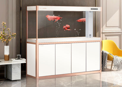 Minjiang MJ3-L2000B-9 white aquarium with matching cabinet and modern glass fish tank.