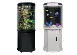 Minjiang BY-560S semi circle aquarium with cabinet featuring a curved glass fish tank and modern storage stand.