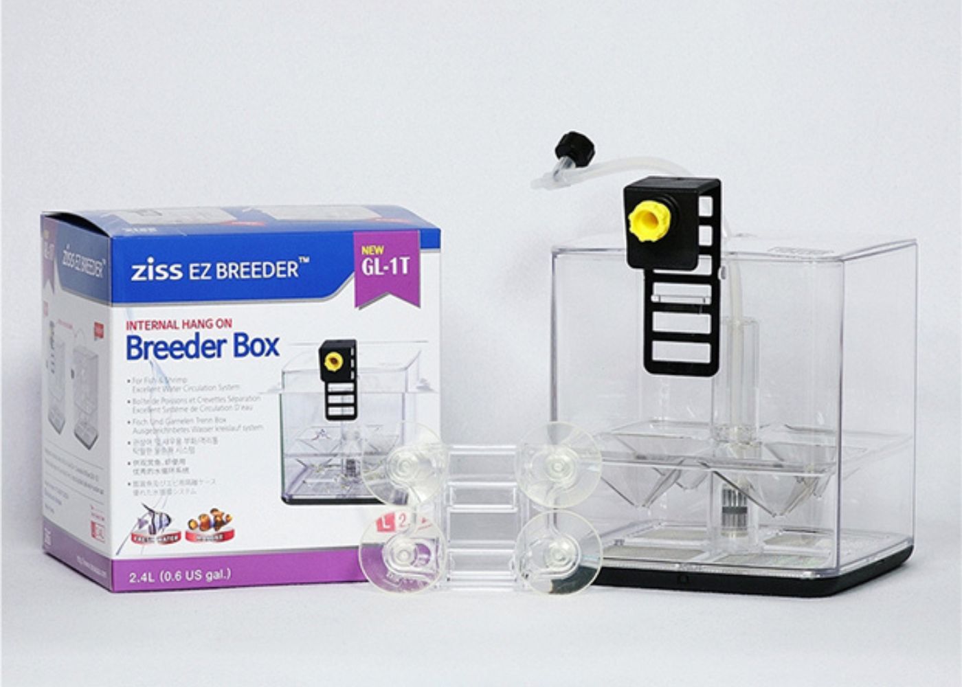 Ziss EZ Breeder GL-1T internal hanging breeder box kit with a clear plastic enclosure, black hanging frame, yellow release valve, suction cups, and the retail box on a white background.