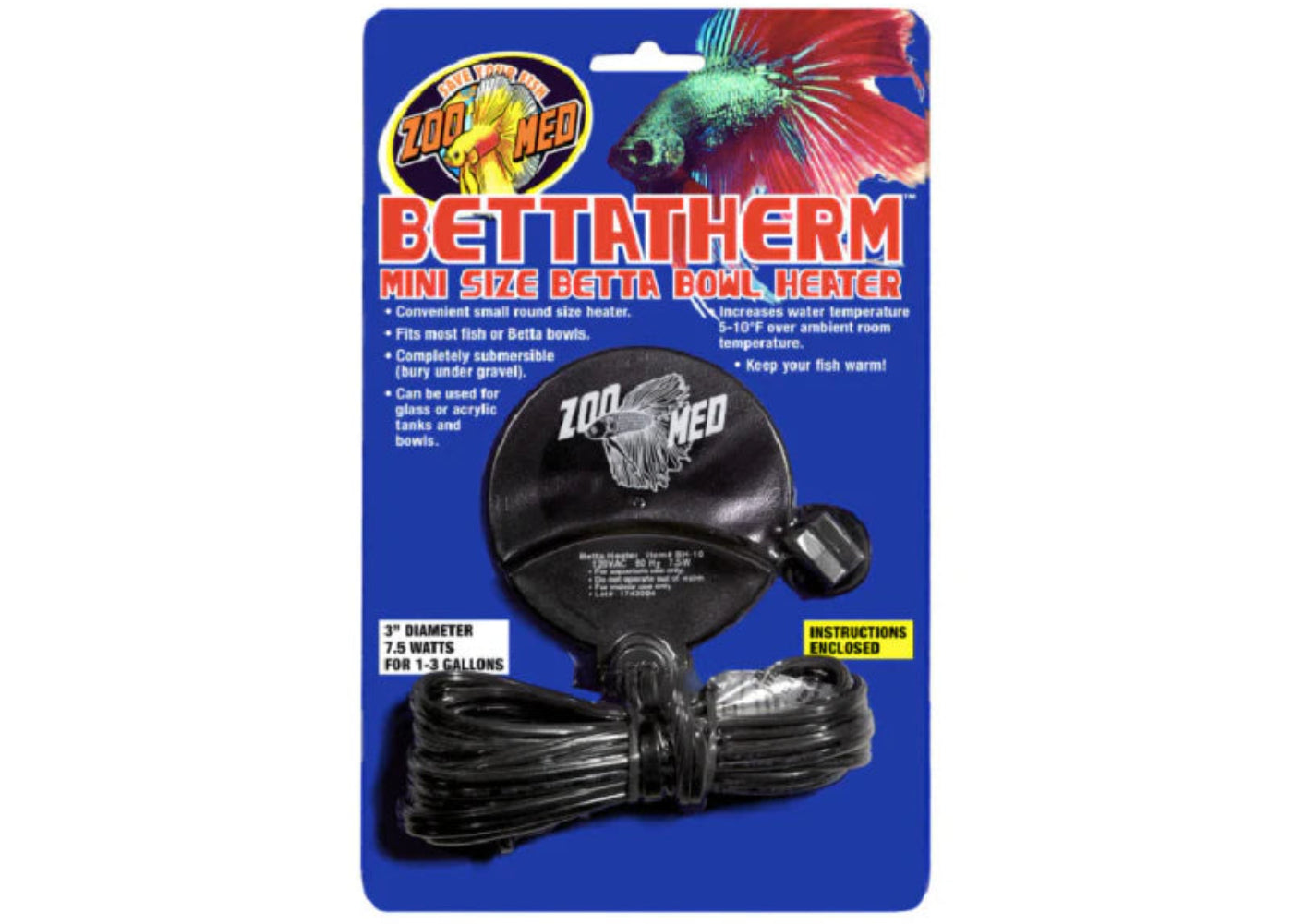 Zoo Med BettaTherm ZM366 mini submersible betta bowl heater – compact aquarium heater with thermal shut-off for betta fish bowls and small tanks