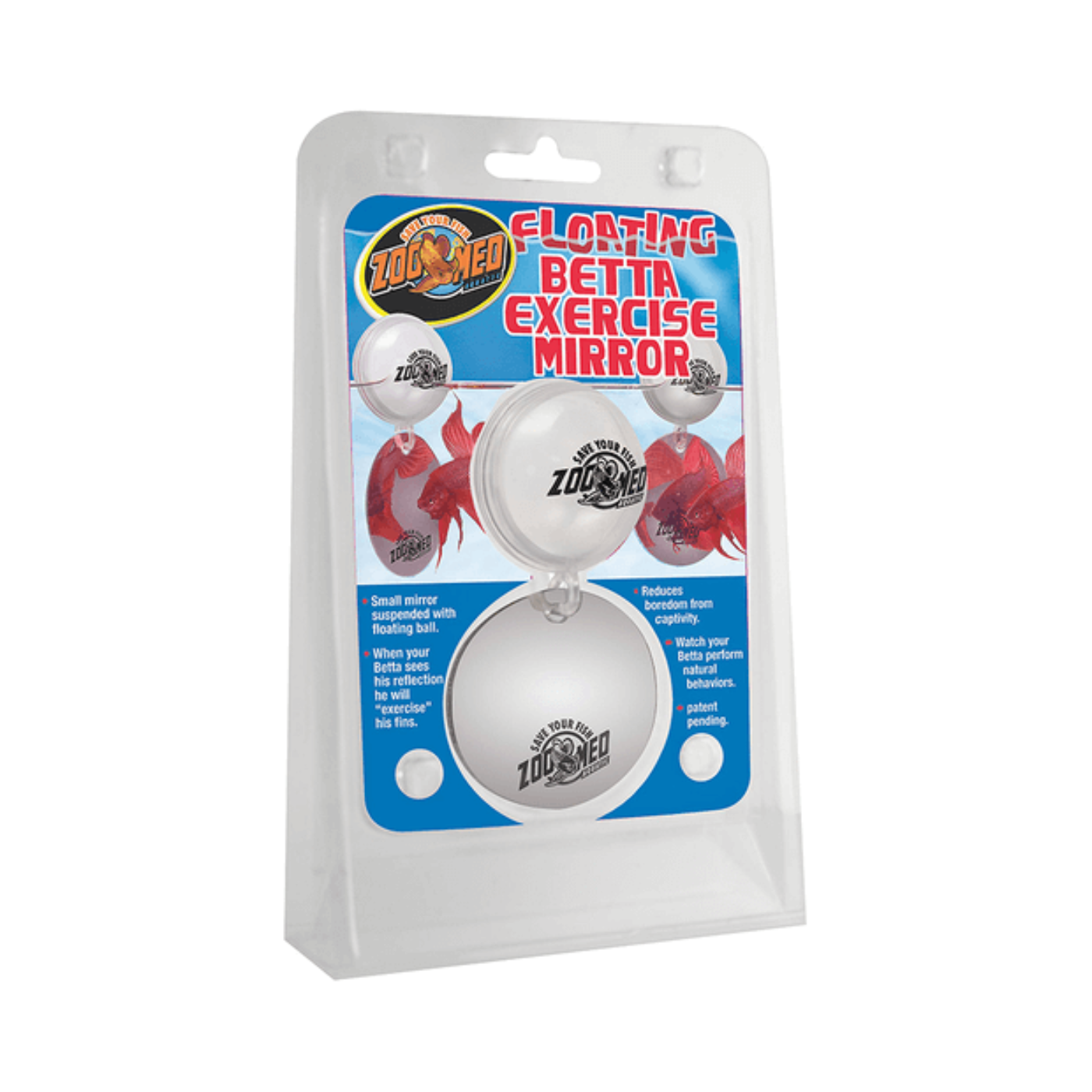 Zoo Med Betta Exercise Mirror – small floating mirror suspended from a floating ball for betta fish enrichment and natural fin display behaviour