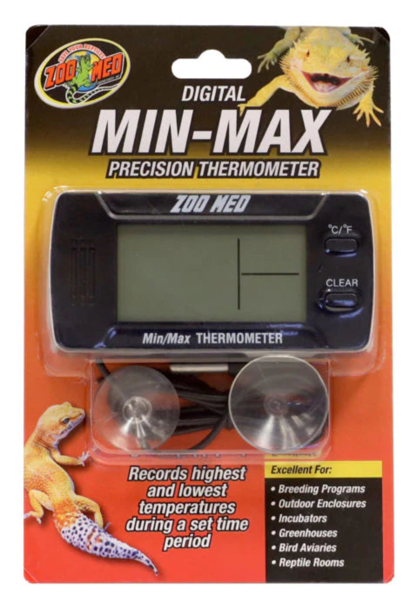 Zoo Med Digital Min Max Thermometer – precision reptile thermometer with remote sensor suction cup mount records current minimum and maximum temperatures