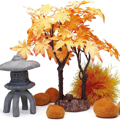 biOrb Decor Set Autumn 55024 55027 – seasonal autumn themed aquarium decoration kit with maple tree orange moss pebbles sea lily and pagoda lantern for biOrb aquariums