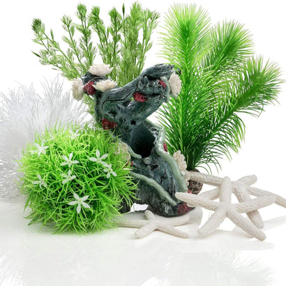 biOrb Flower Garden Décor Set 15L with green flower trunk sculpture artificial aquarium plants white sea lily daisies and starfish