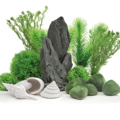 biOrb Stone Garden Décor Set with grey slate sculpture green aquarium plants white seashells and moss pebbles for freshwater and saltwater aquariums