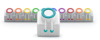 A series of Aquavitro Sentia Modular Aquarium Dosers with various colored rings and hoses, capable of connecting multiple units together.