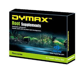 Dymax Root Supplements black and green plant branding that reads "Dymax root suppliments, flora series"