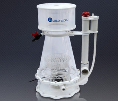 Aqua Excel cone inline protein skimmer with clear body and collection cup for large marine aquariums