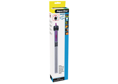 Aqua One adjustable glass aquarium heater 200W – submersible heater with adjustable thermostat and indicator light for tropical tanks up to 200L