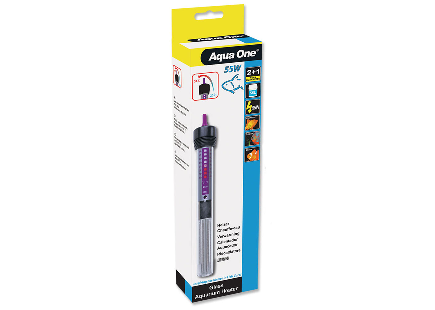 Aqua One adjustable glass aquarium heater 55W – submersible heater with adjustable thermostat and indicator light for tropical tanks up to 50L