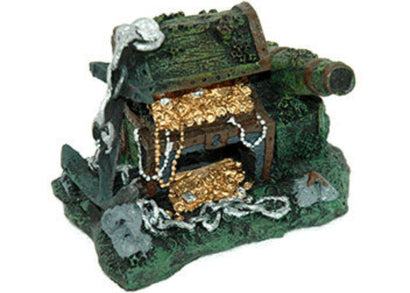 Aqua Pet treasure chest and cannon aquarium ornament – resin sunken pirate treasure chest overflowing with gold coins and pearls beside a mossy cannon