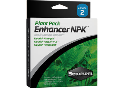 Seachem Plant Enhancer Pack black white and green box that reads "Plant pack, Enhancer NPK - Florish Nitrogen, Florish Phosphorus - Florish Potassium"