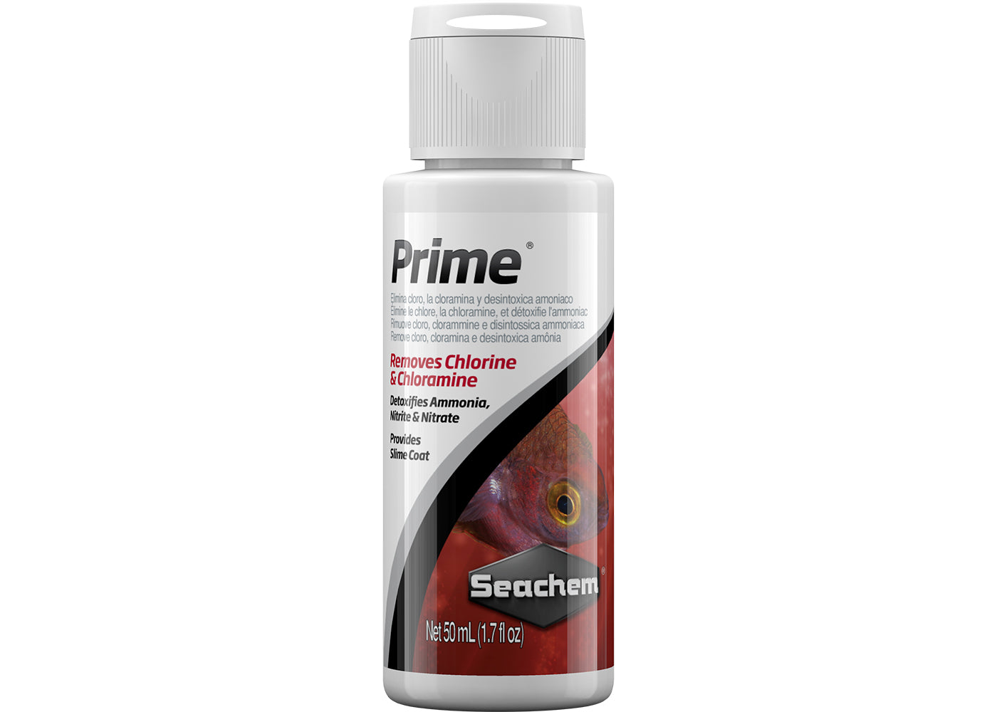 Seachem Prime - white bottle with red branding that reads "Prime, Removes chlorine & Chloramine, Detaxifies Ammonia Nitrate, provides shine coat" net 50 ml