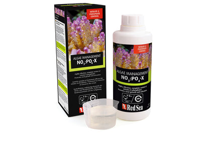 Red Sea Nitrate Phosphate Reducer white product bottle with coral branding that reads "Algae Management, NO3: PO4 -x highly effective, complete control of nitrates and phosphates. Promotes coral growth"