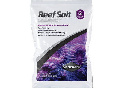Seachem Reef Salt white product package describing product 