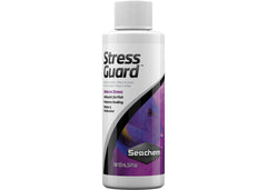 Seachem Stress Guard white bottle with purple fish and branding