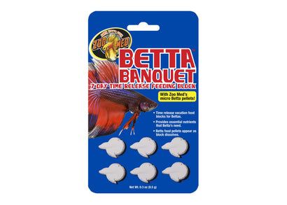 Zoo Med Betta Banquet 7 Day Feeder – time-release vacation food block with micro betta pellets and krill for betta fish up to 7 days