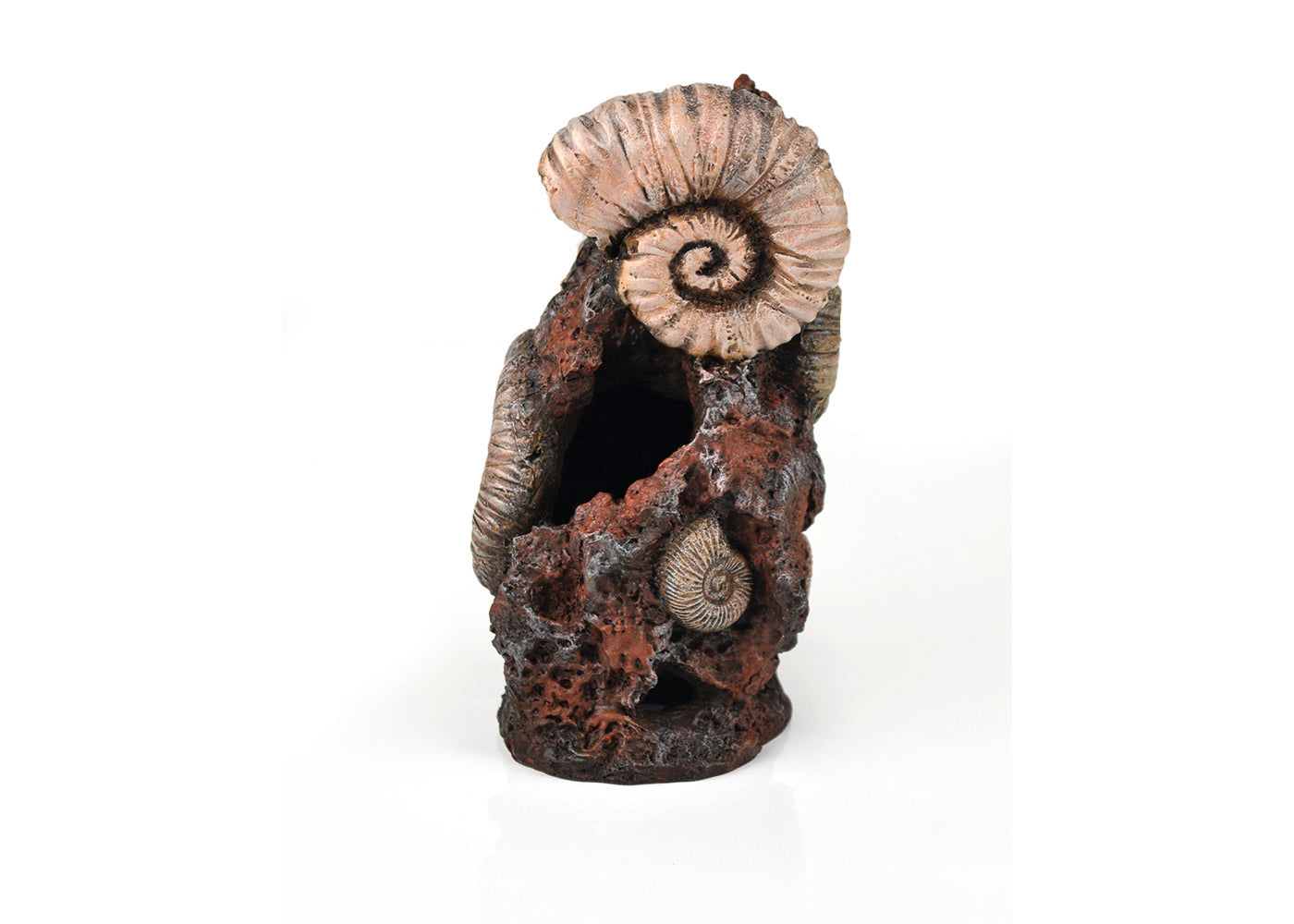biOrb Ancient Conch Ornament by Samuel Baker, a pink spiral conch shell on a dark resin rock aquarium sculpture