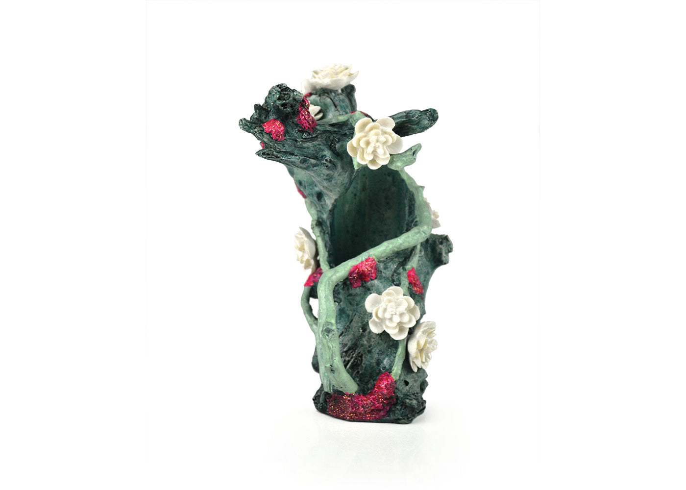 biOrb Green Flower Trunk Ornament by Samuel Baker, a green resin tree trunk aquarium sculpture with pale flowers