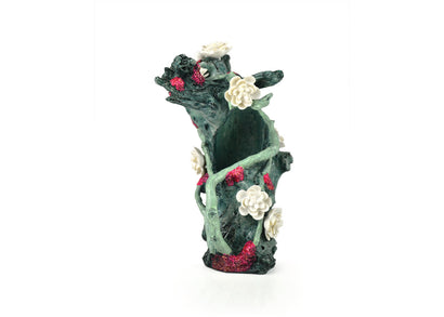 biOrb Green Flower Trunk Ornament by Samuel Baker, a green resin tree trunk aquarium sculpture with pale flowers