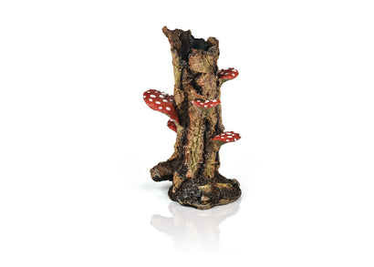 biOrb Mushroom Trunk Ornament by Samuel Baker, a brown resin tree trunk aquarium sculpture with red spotted mushrooms